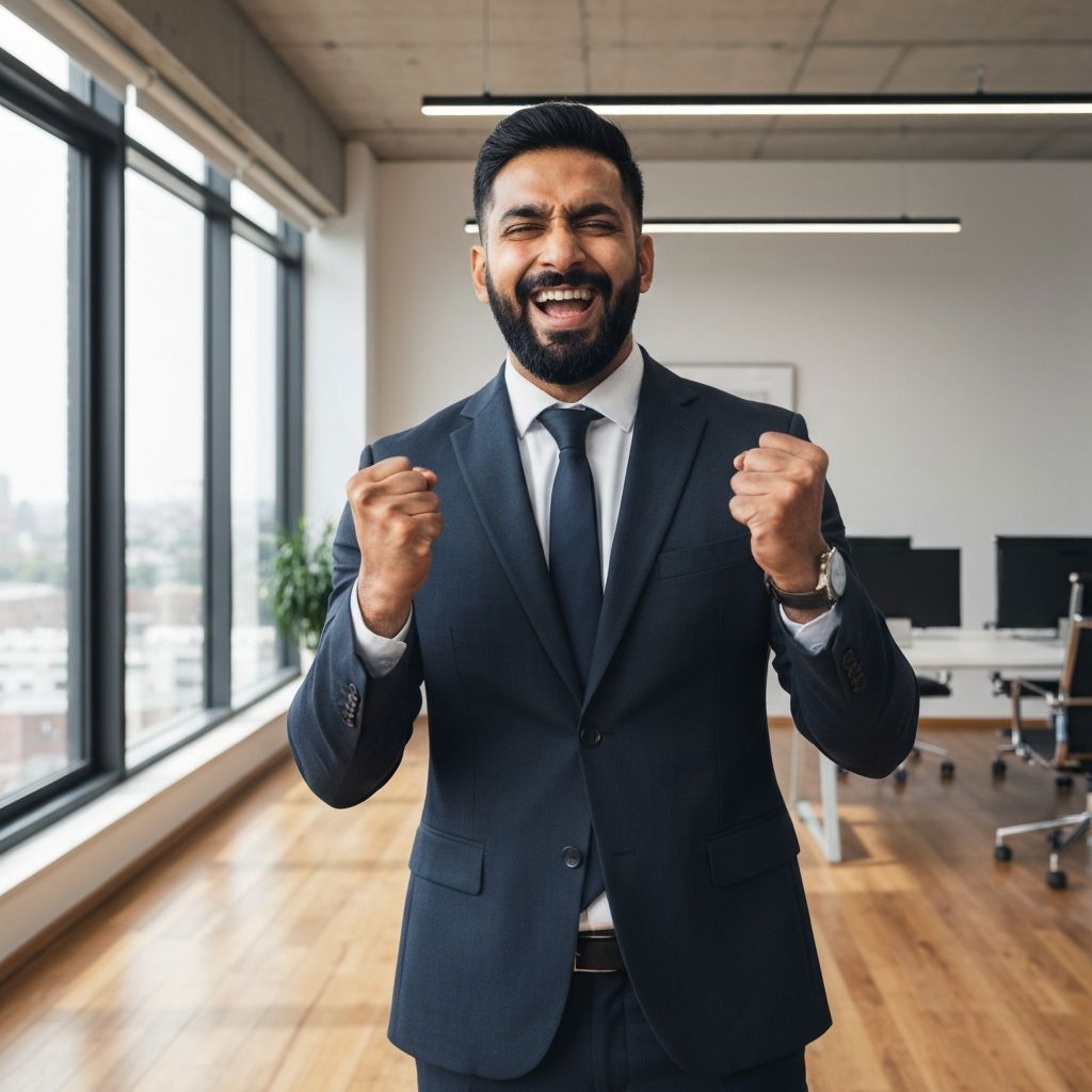 Business owner celebrating successful funding approval